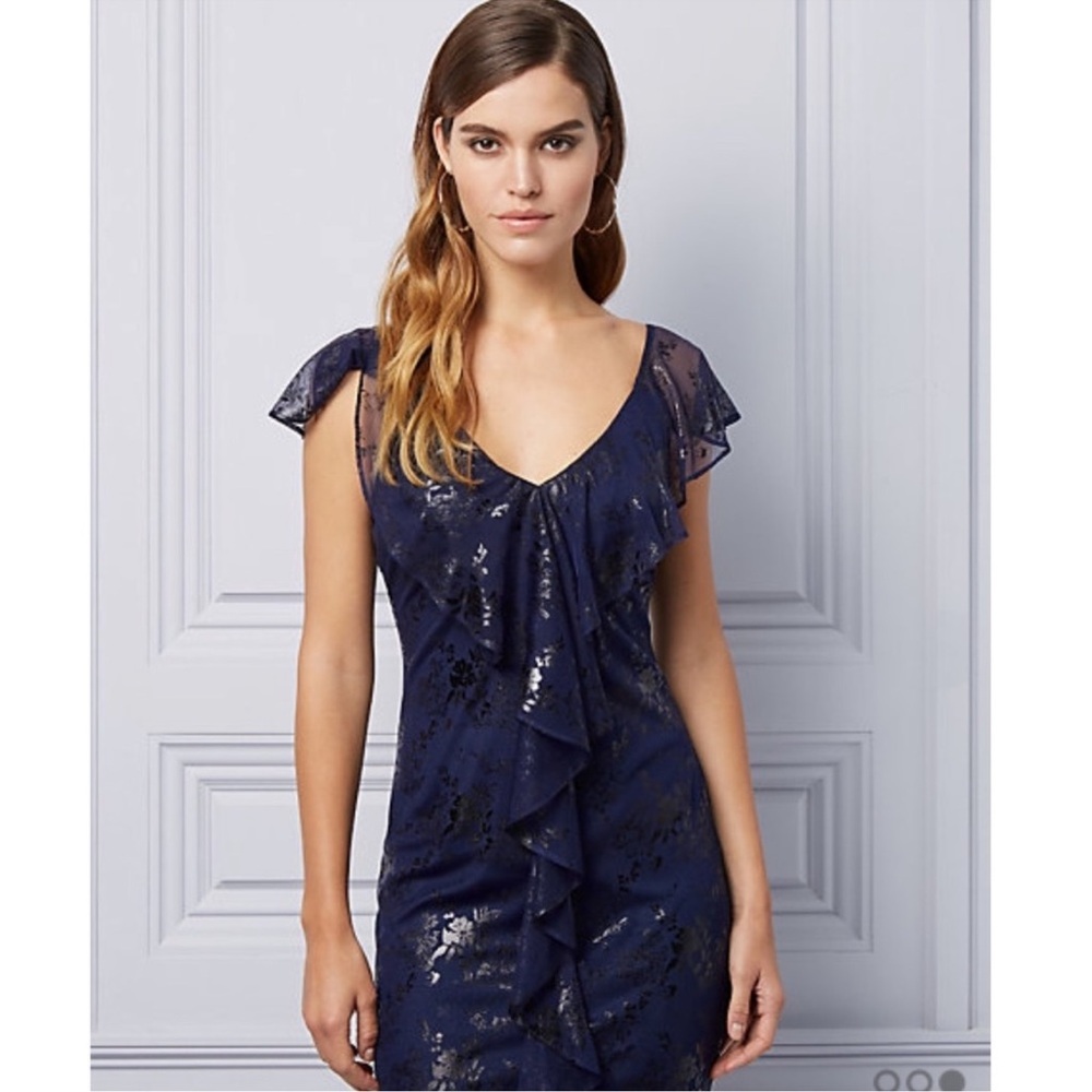 Cocktail Mini Dress Sapphire Blue Ink
Ruffles New Size: US XL Elegant Navy